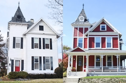 Two Victorian houses side by side, one white and one red with porches and steep roofs.