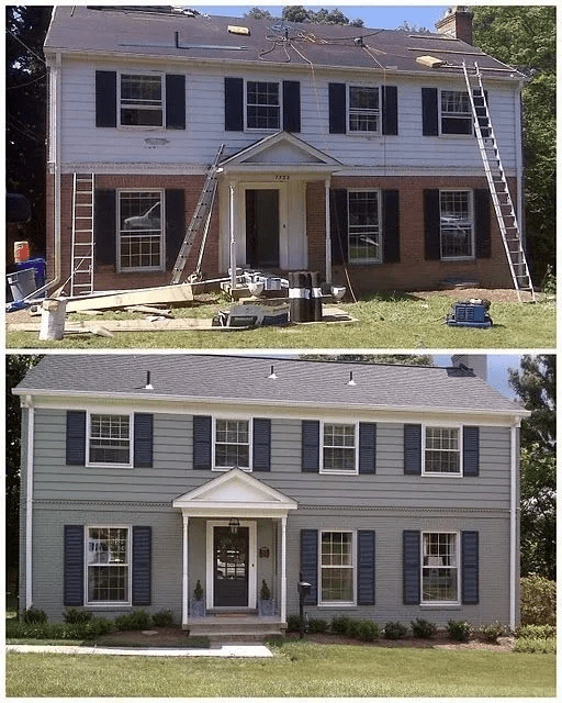 Before-and-after view of a two-story house exterior being repainted gray and white.