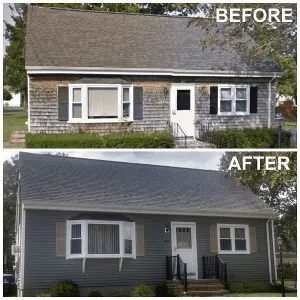Before-and-after of a house exterior remodel: old weathered siding changed to fresh gray siding and trim.
