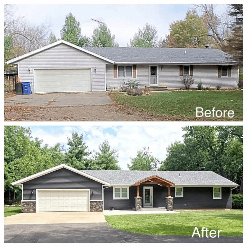 Before-and-after of a house exterior remodel, with dark gray siding, stone columns, and a new front porch.