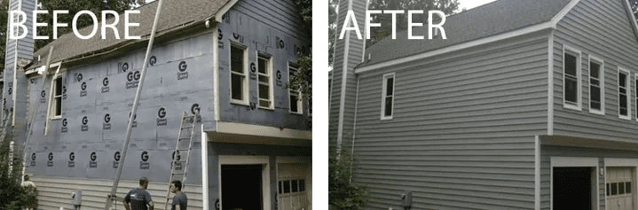 Before-and-after exterior house siding: damaged wall on left, repaired gray siding on right.