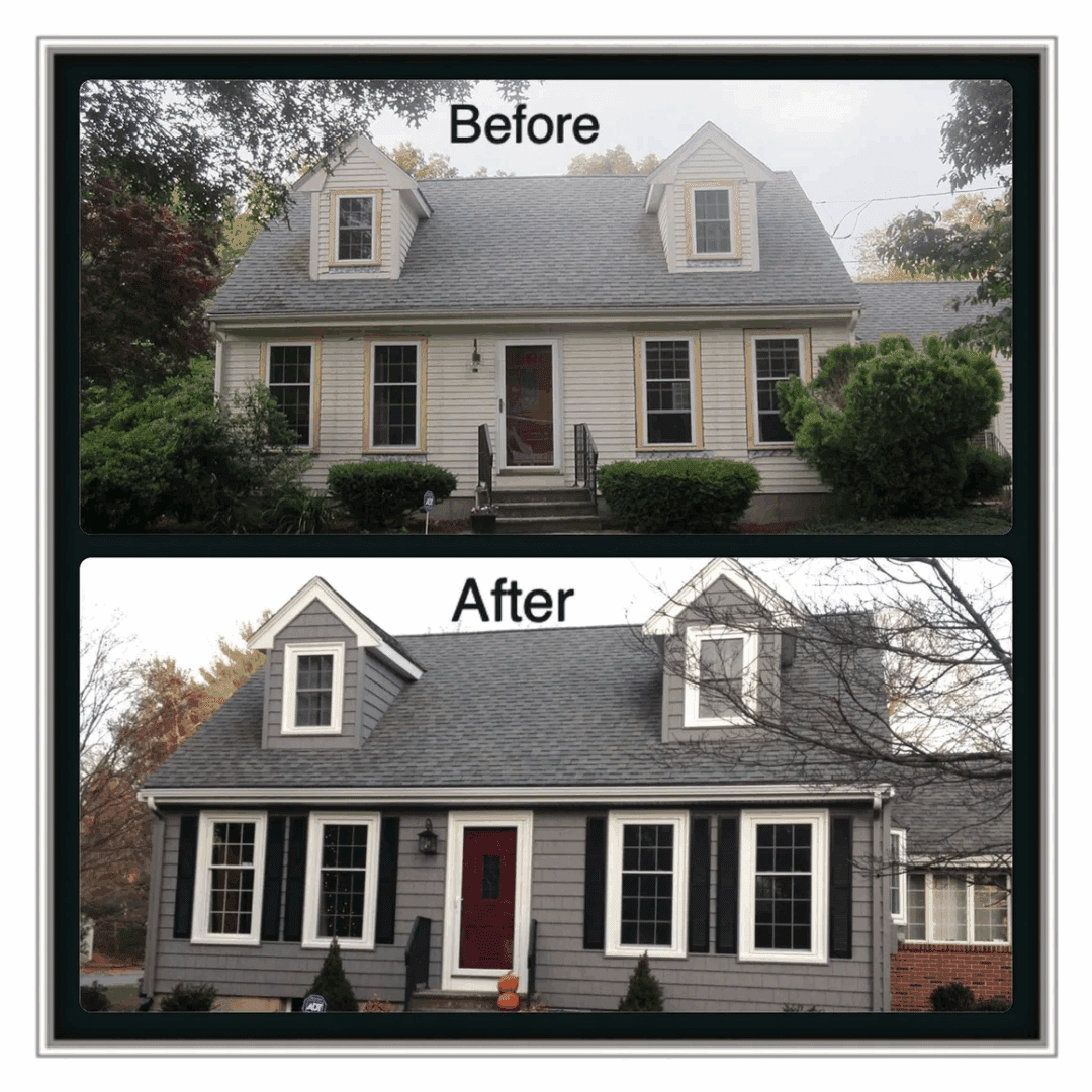 Before-and-after of a house exterior renovation, showing a lighter old facade above and a dark updated facade below.
