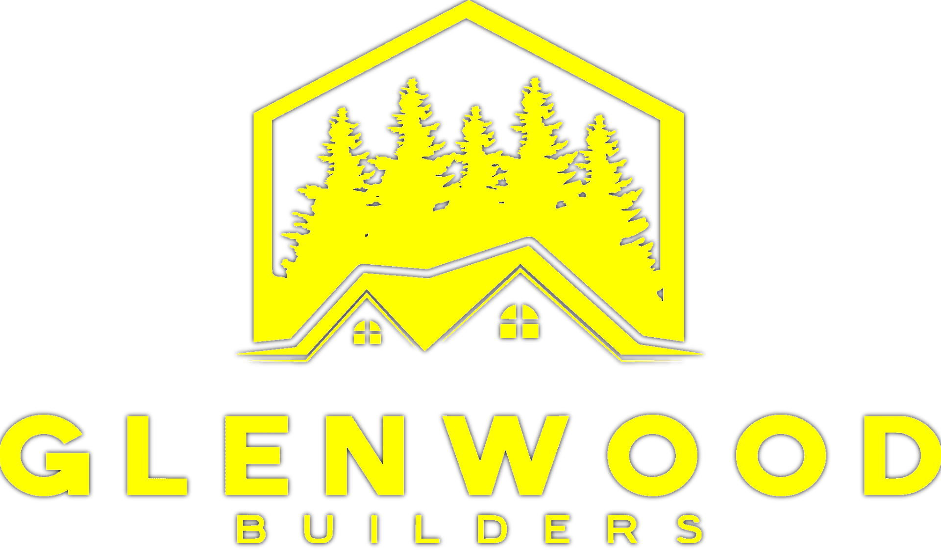 Yellow Glenwood Builders logo with house, trees, and pine forest icon