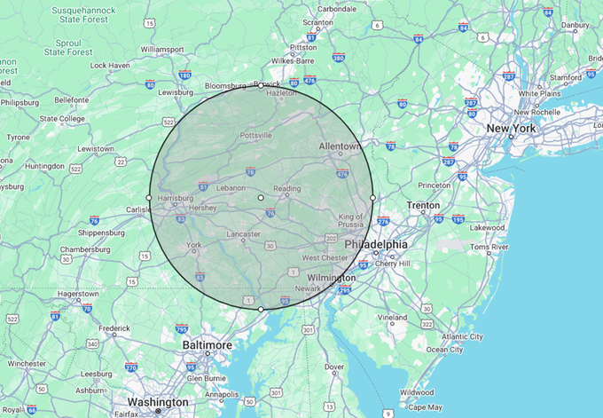 A map of the united states with a circle in the middle.
