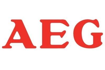Un logo AEG rosso su sfondo bianco
