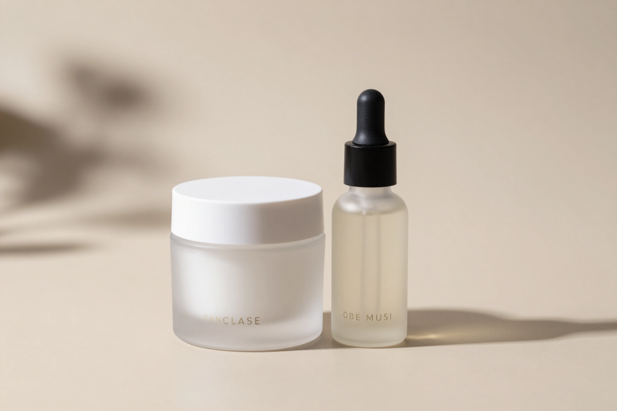 Tarro de crema blanco y frasco con gotero sobre una superficie beige, con sombras suaves