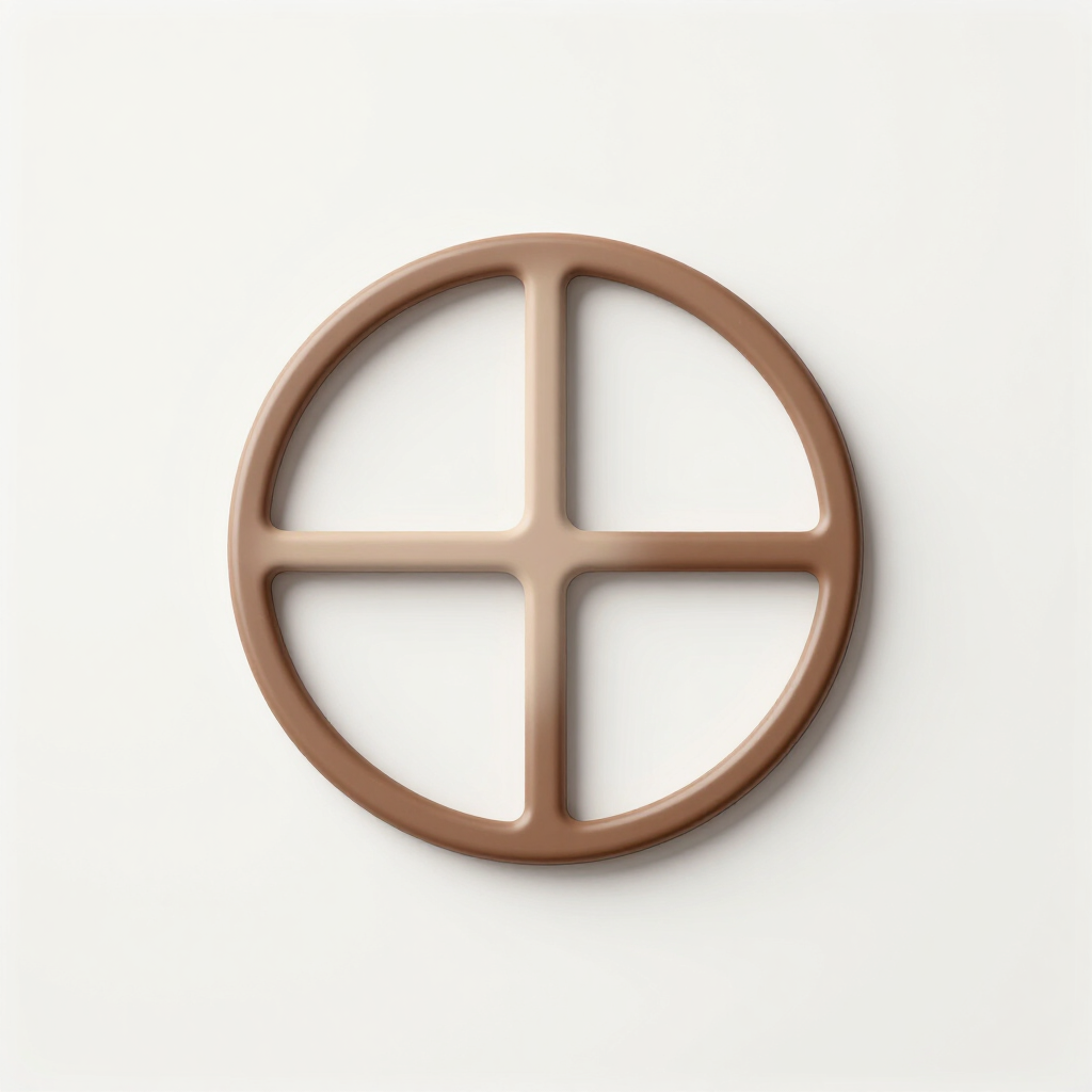 Emblema circular marrón con una cruz que lo divide en cuatro secciones sobre un fondo blanco