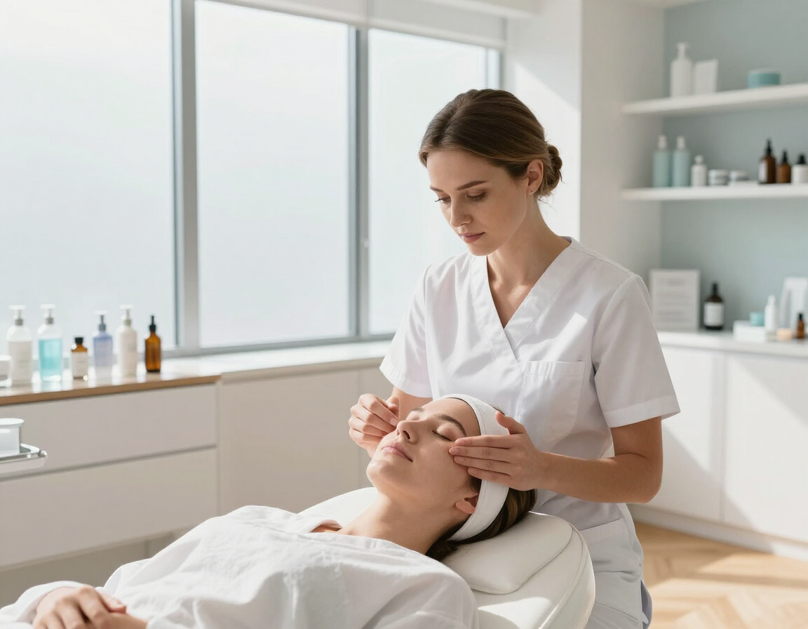 Profesional evaluando el tipo de piel antes de un tratamiento facial