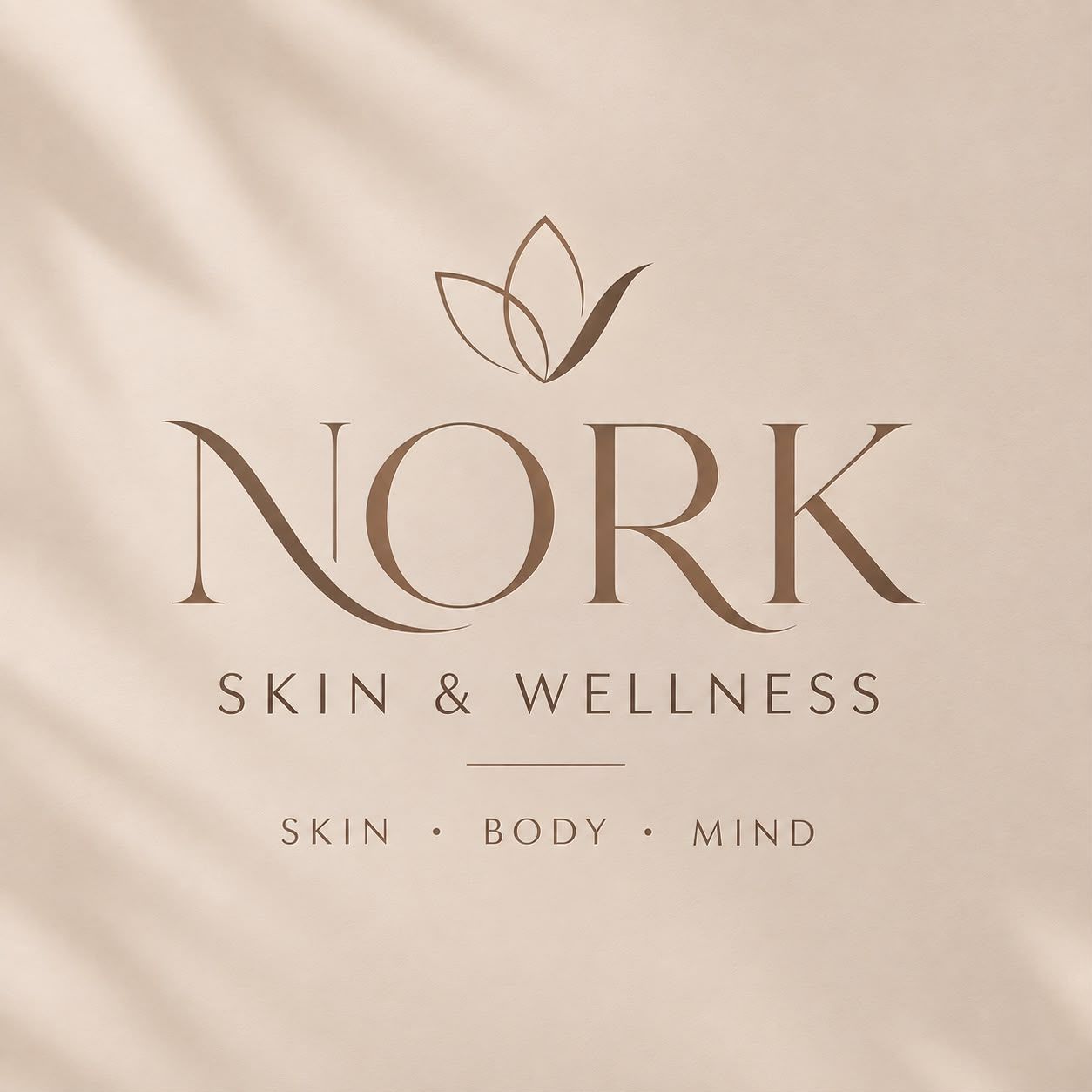 Logotipo de NORK Skin & Wellness con texto marrón en tipografía serif sobre un fondo beige y un icono de hoja