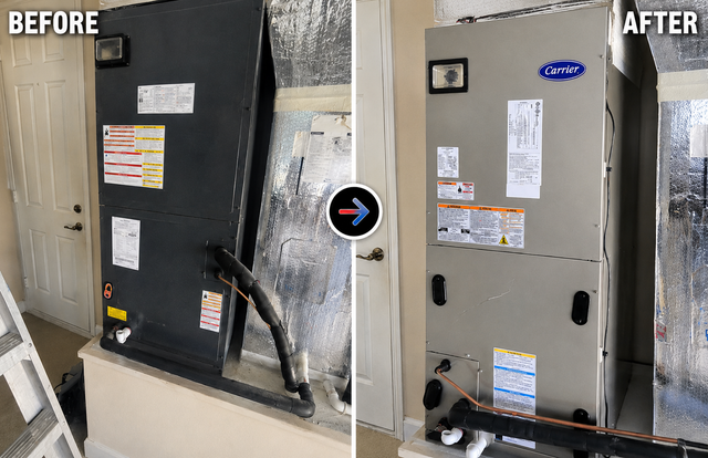 Technician in blue shirt checking HVAC unit with gauges in a utility room