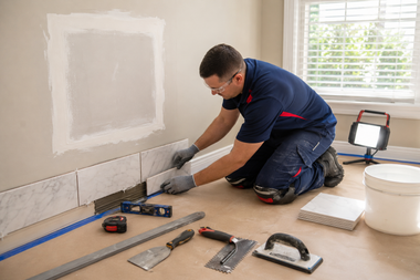 Worker installing tile along a wall with tools spread on the floor in a room under renovation