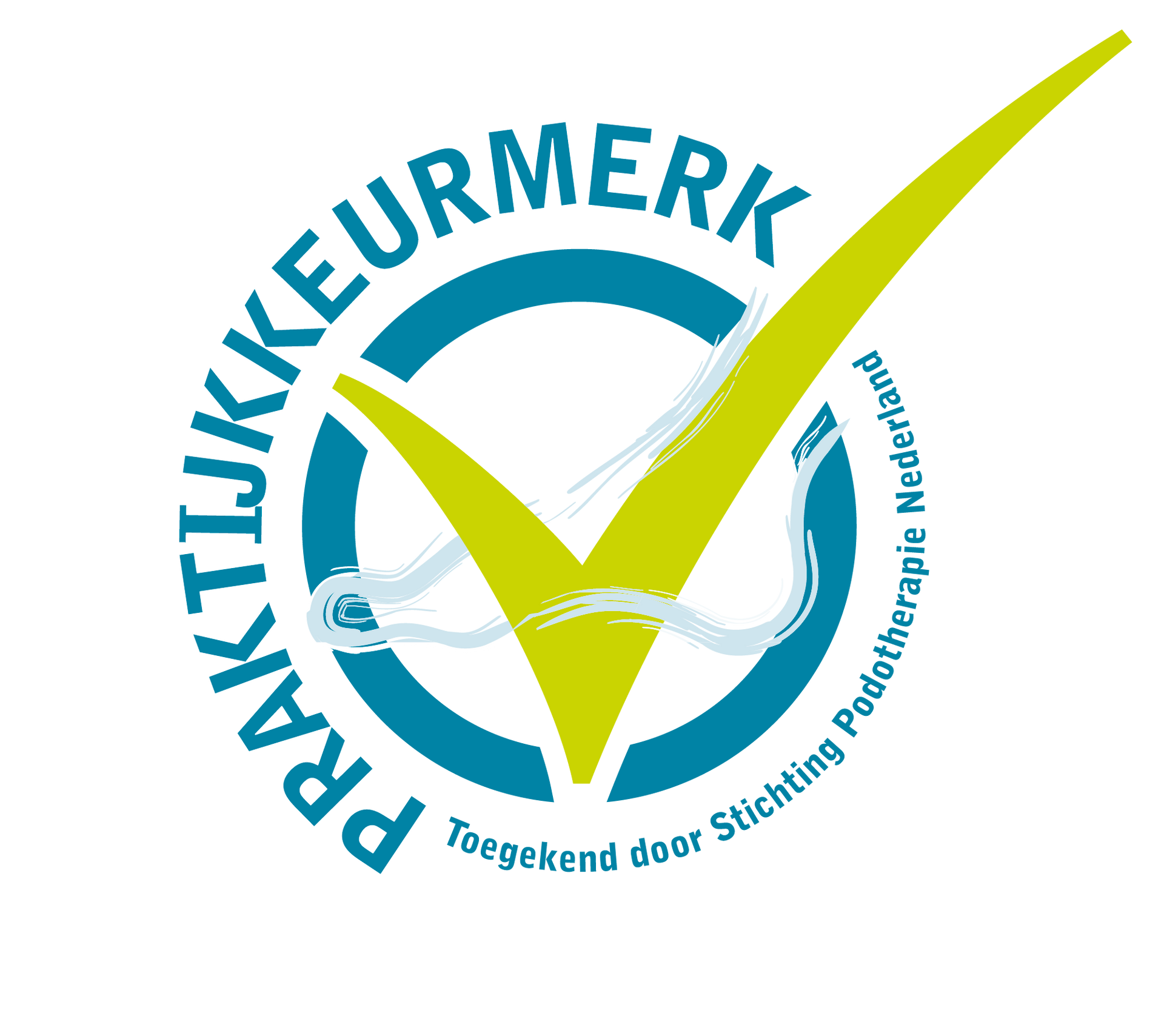 Blauw en geel Praktijkkeurmerk-logo met een vinkje boven een voetafdruk.