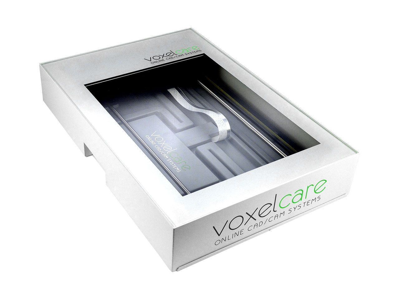 Voxelcare-box met een doorzichtig venster, schuin zicht, wit en grijs.