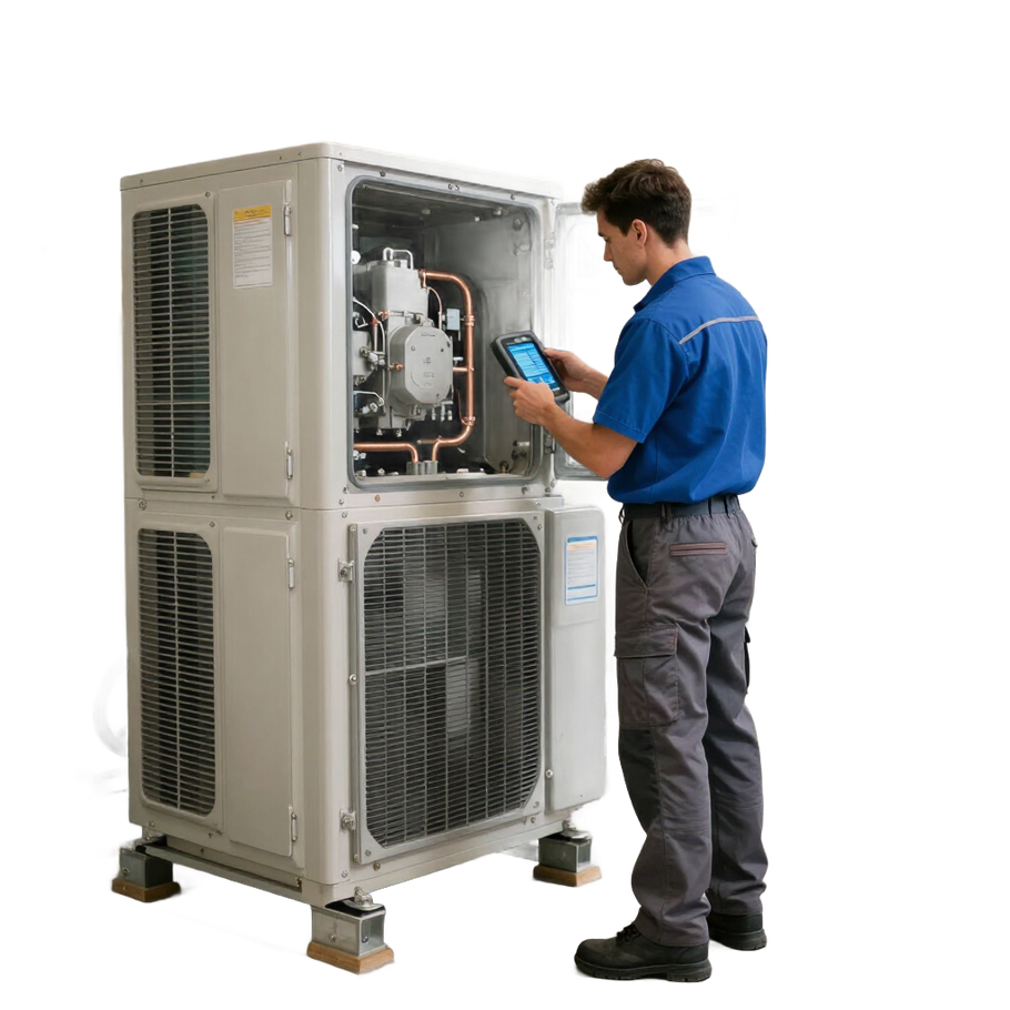 Engenheiro inspecionando sistema HVAC industrial
