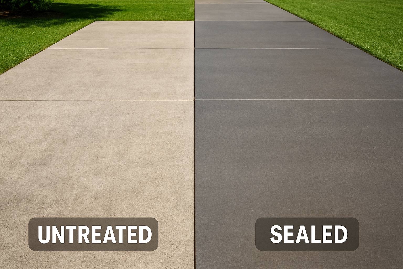 Side-by-side concrete driveway showing the contrast between untreated and sealed, smooth surfaces.