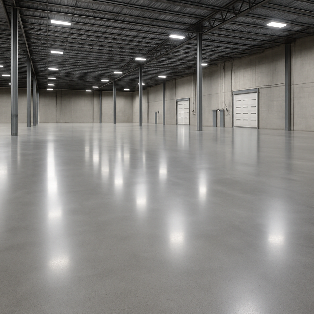 Freshly sealed warehouse concrete floor in Omaha, NE with a clean, glossy finish.