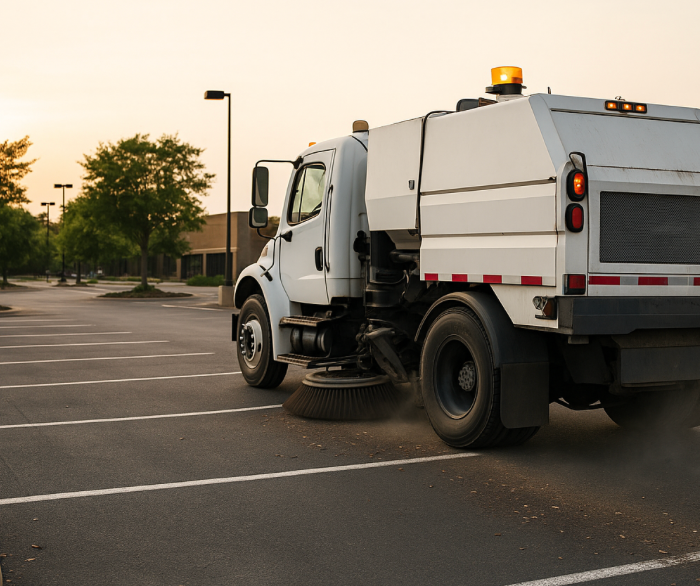Parking lot sweeping service in Nebraska with street sweeper cleaning commercial property for improv
