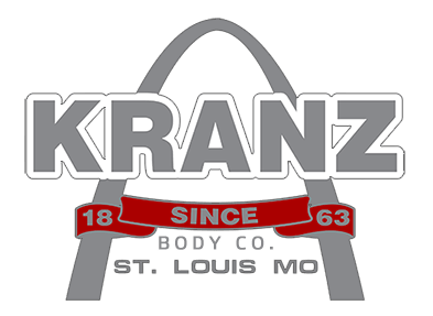 Kranz Body Co. logo, St. Louis, MO, with company name over the Gateway Arch and red banner
