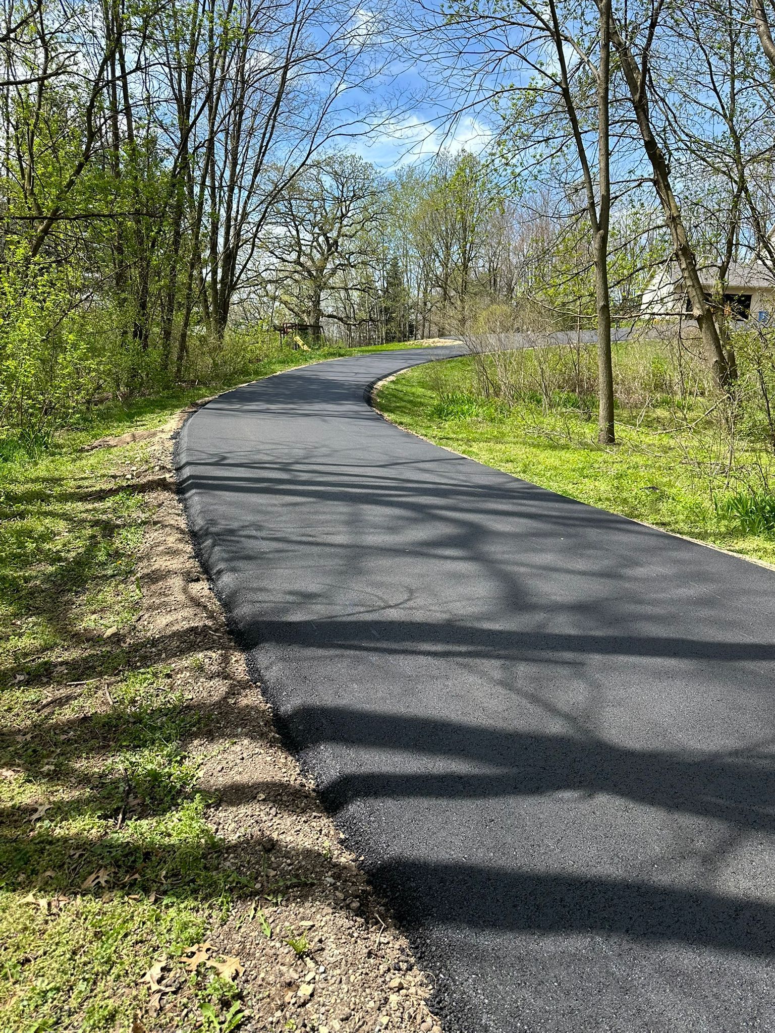 Paved path curves through a grassy area lined with trees on a sunny day.
