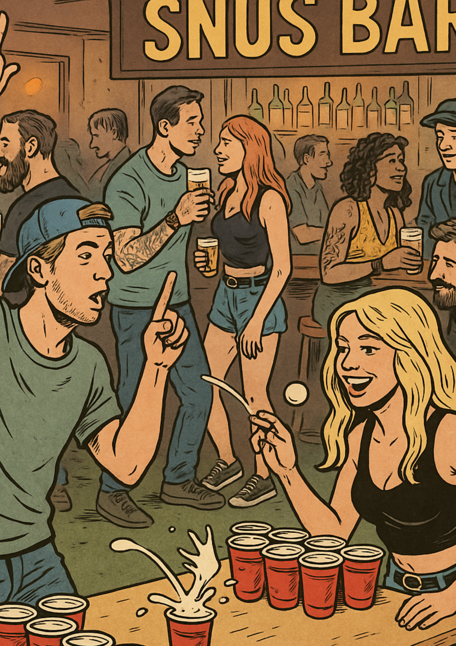 In einer überfüllten Bar spielen zwei Personen im Vordergrund Beer Pong, während sich andere im Hintergrund unterhalten.
