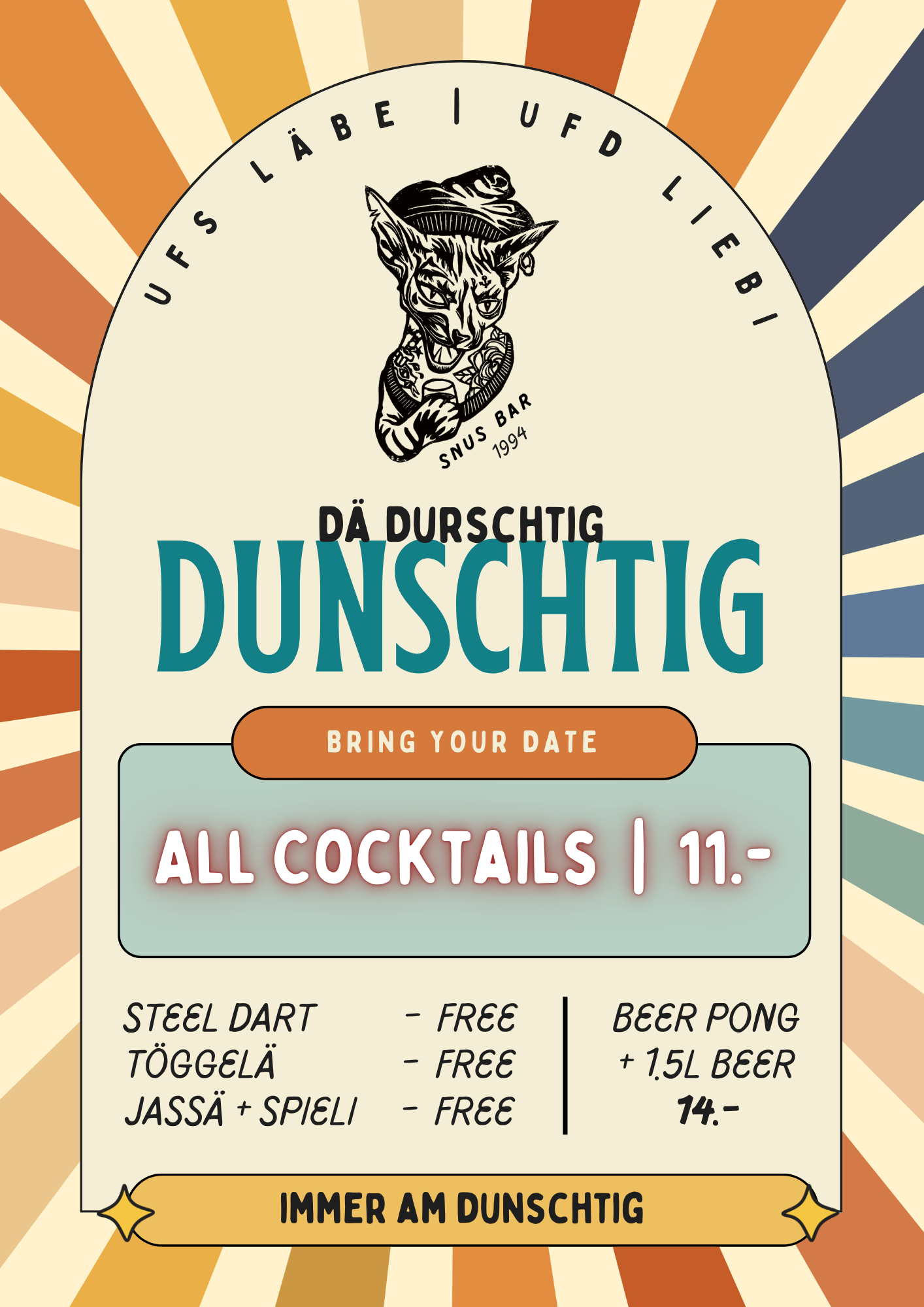 Veranstaltungsflyer für „Dä durschtig Dunschtig“ mit Cocktail-Specials, Freispielen und Beer Pong am Donnerstag.