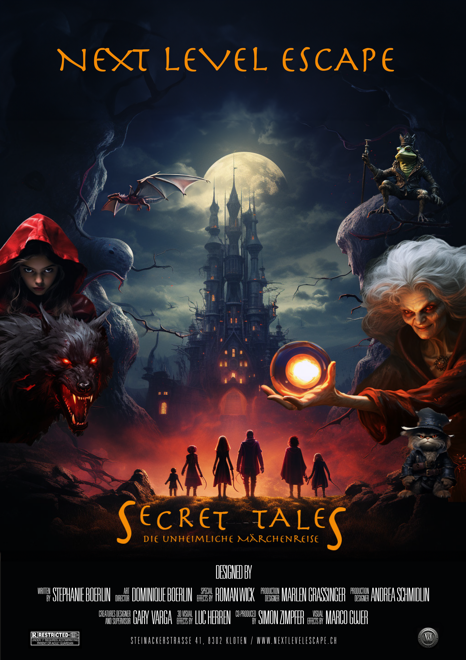 Ein düsteres Fantasy-Poster für den Escape Room „Secret Tales“, das ein unheimliches Schloss, finstere Gestalten und eine Gruppe von Reisenden zeigt.