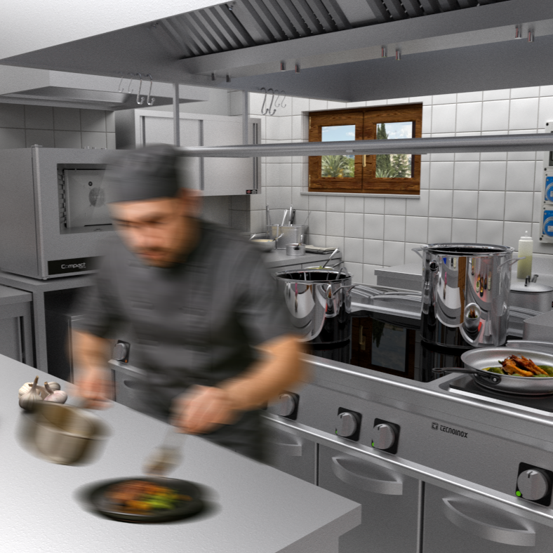 Render cucina professionale per rooftop di un hotel al centro di Roma