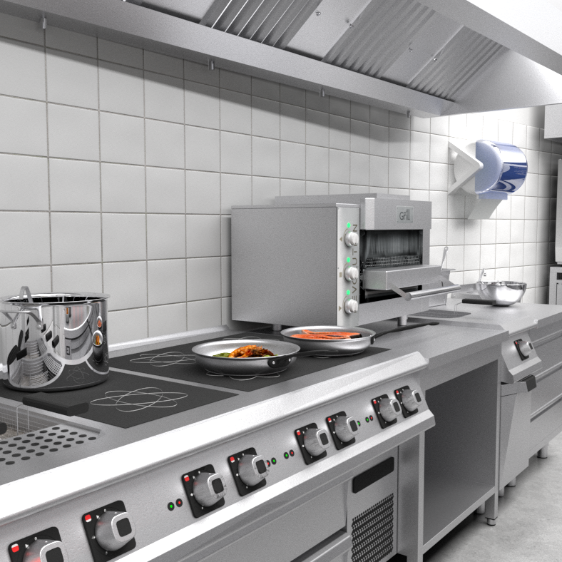 Render cucina professionale a parete per ristorante al centro di Roma