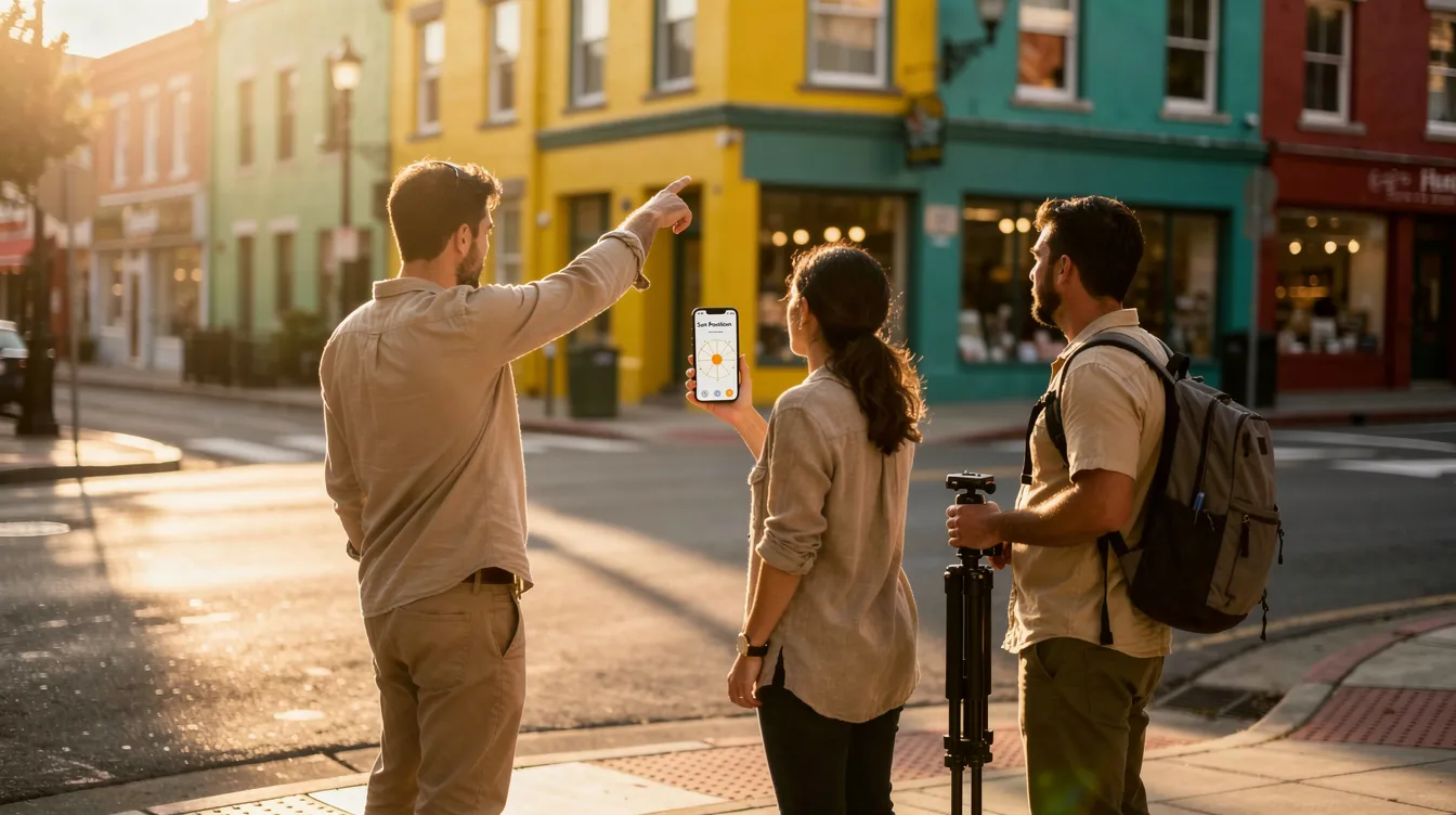 Three people at a street corner, one pointing across a sunny city intersection with colorful buildings.