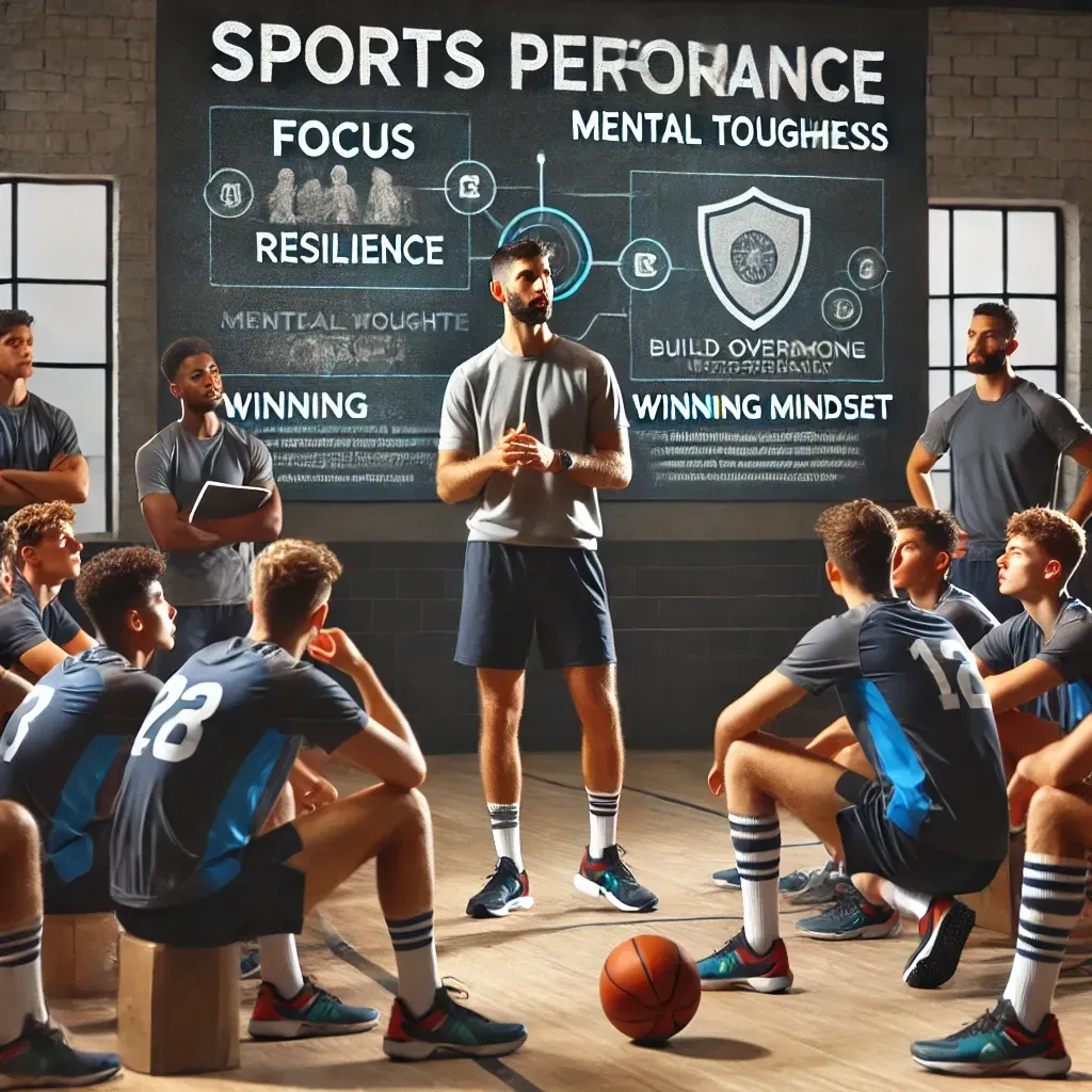 A motivational speaker addresses a group of athletes in a sports training facility, discussing topics like resilience, mental toughness, and goal-setting. The athletes, wearing their sports uniforms, listen attentively, some taking notes while others nod in agreement. Behind the speaker, a screen displays motivational words like