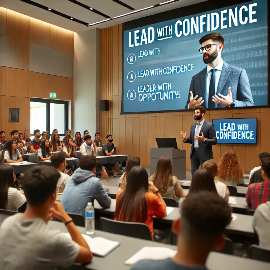 An educational speaker addresses a group of first-generation college students in a modern university lecture hall, focusing on leadership development. The speaker passionately shares strategies for building leadership skills, with a screen behind them displaying phrases like