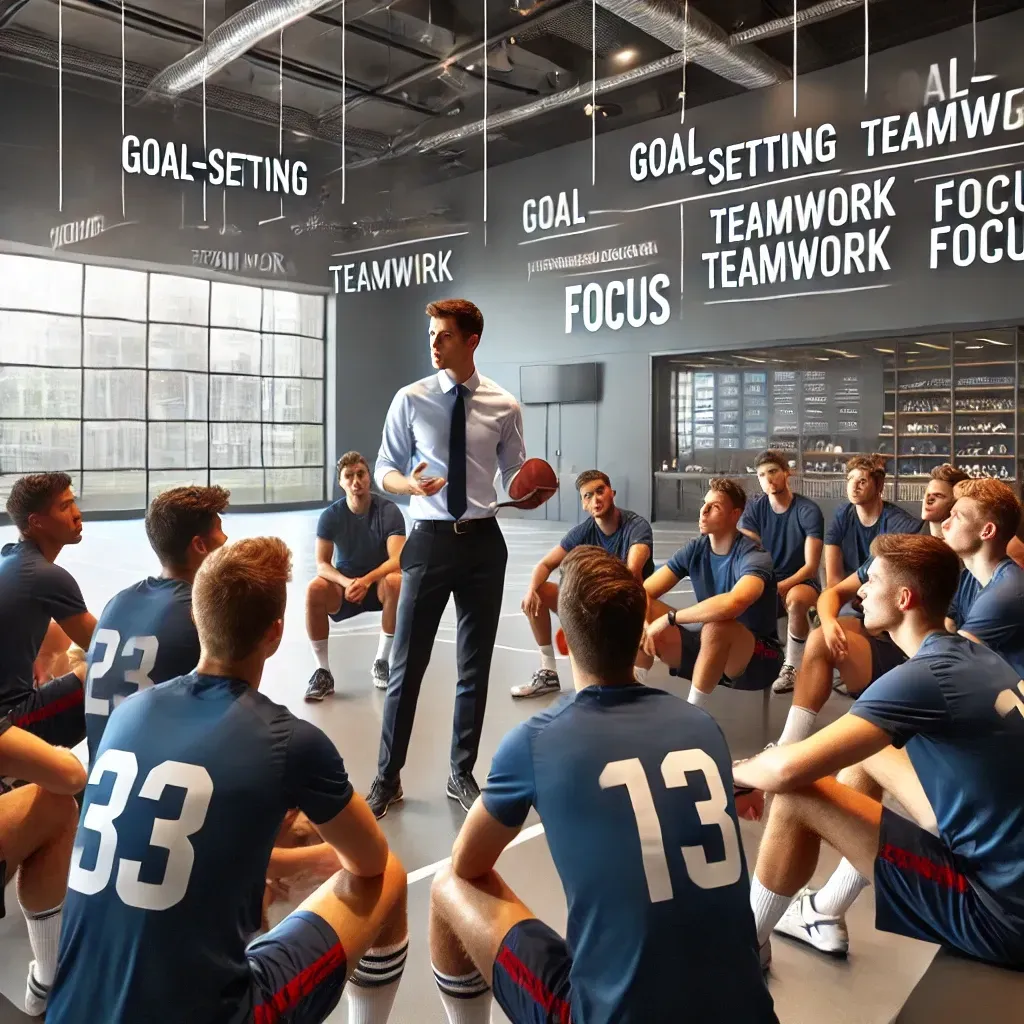 A motivational speaker addresses a sports team in a modern training facility, using a dynamic and engaging delivery style. The athletes, seated in a semi-circle and wearing team uniforms, listen intently, some taking notes while others nod in agreement. Behind the speaker, a screen displays key terms like