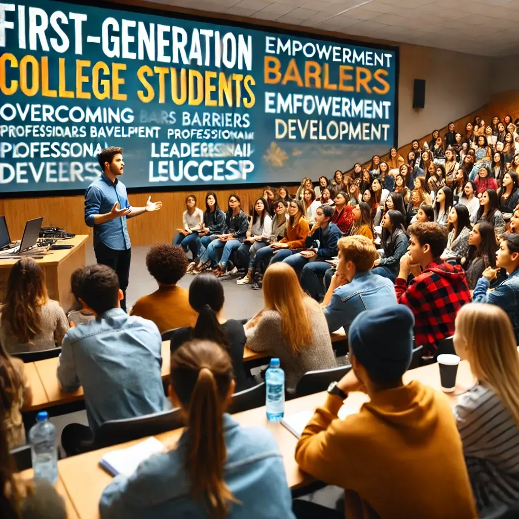 A lecture hall with a sign that says first generation college students