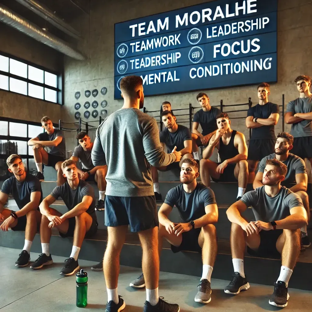 A motivational speaker addresses a group of athletes in a modern training facility, discussing team morale, leadership, and mental conditioning. The athletes, seated in their team uniforms, are engaged, with some taking notes and others nodding in agreement. Behind the speaker, a screen displays motivational phrases like