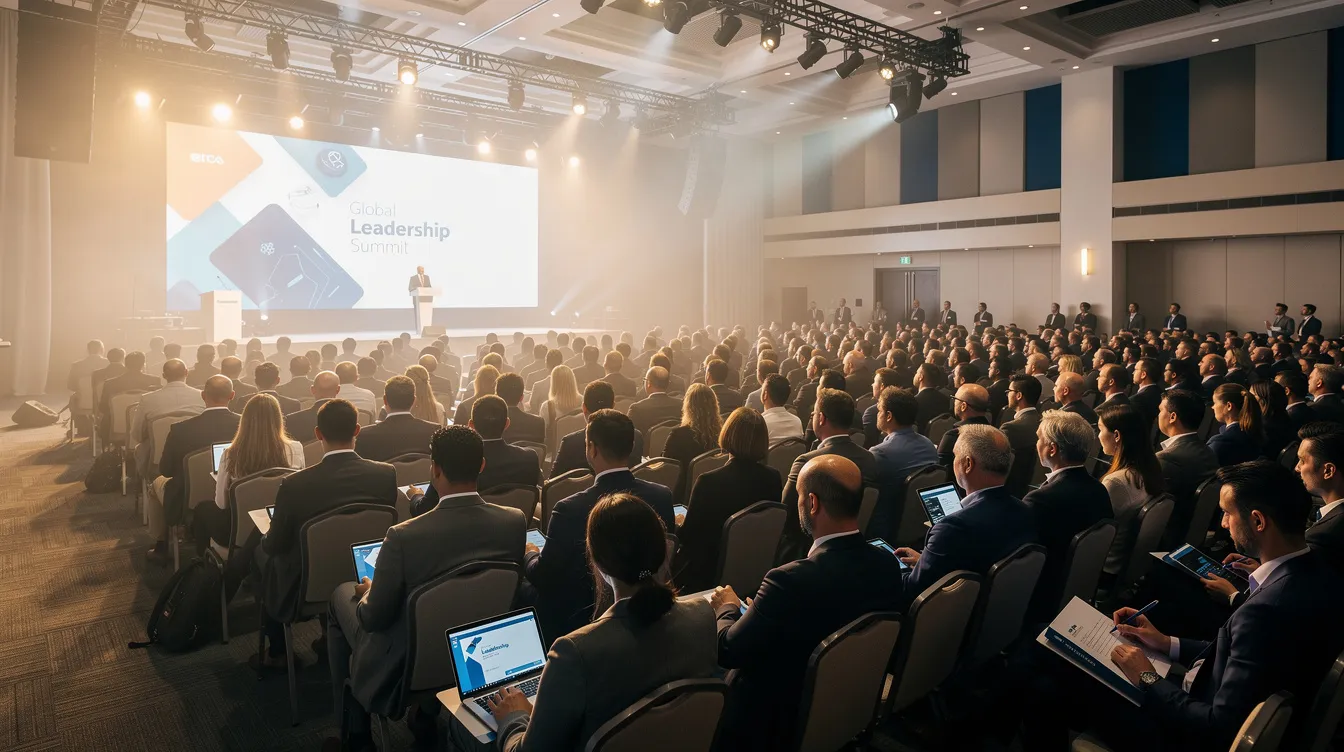 A diverse audience is attentively engaged during a keynote presentation by a motivational speaker in a modern corporate event venue, highlighting themes of personal development and leadership growth. The atmosphere is filled with inspiration as attendees listen to powerful stories and motivational speeches aimed at enhancing team performance and success.