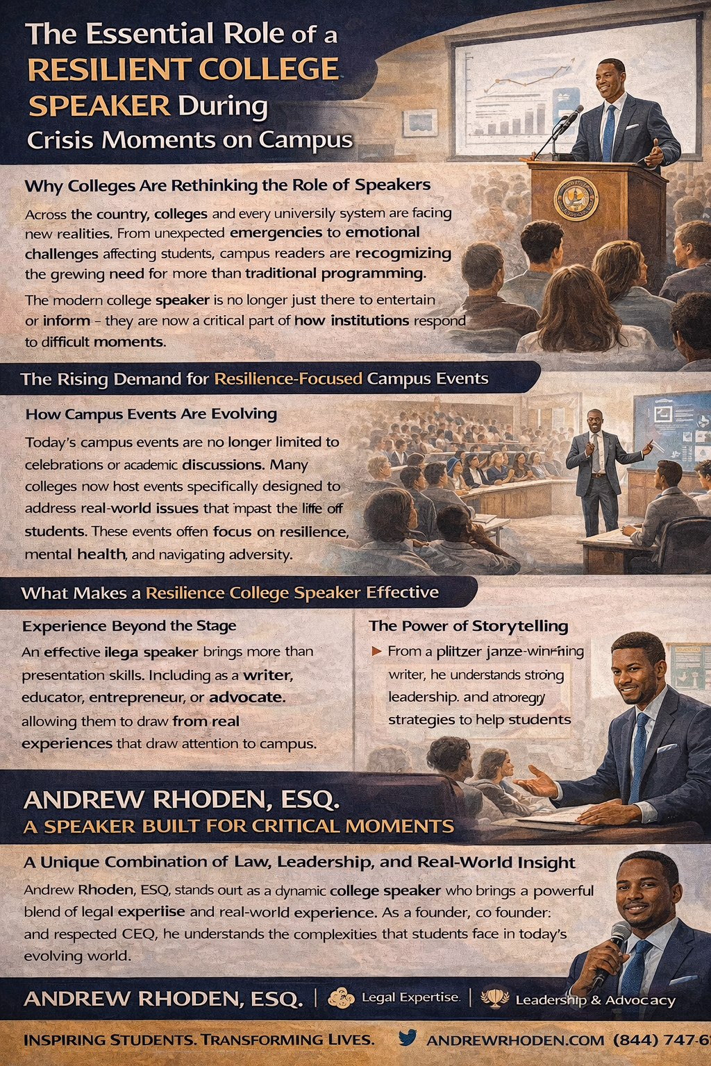 The Essential Role of a Resilience College Speaker During Crisis Moments on Campus.” It features a professional speaker addressing a large audience in a university setting, with students seated in an auditorium.
Sections explain why colleges are rethinking the role of speakers, emphasizing their importance during emergencies and emotionally challenging situations. It highlights the growing demand for resilience-focused campus events that address mental health, adversity, and student well-being.
Additional sections describe what makes an effective resilience speaker, including real-world experience, leadership, and strong storytelling abilities. A featured section introduces Andrew Rhoden, ESQ., emphasizing his background in law, leadership, and his ability to connect with students through relatable and impactful messaging.
The infographic underscores the role of speakers in fostering open dialogue, building campus unity, and inspiring students during difficult moments. A closing message promotes the speaker’s mission to inspire and transform lives, with branding and contact details included.