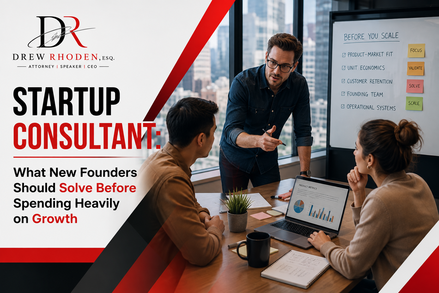Startup consultant advising new founders before investing heavily in business growth.