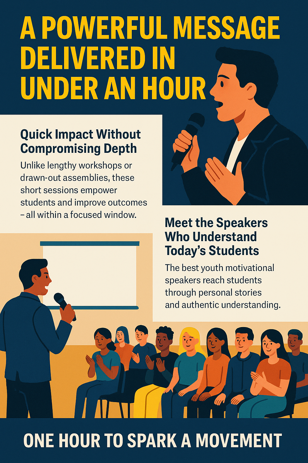 A promotional informational graphic features bold yellow and white text at the top reading 
