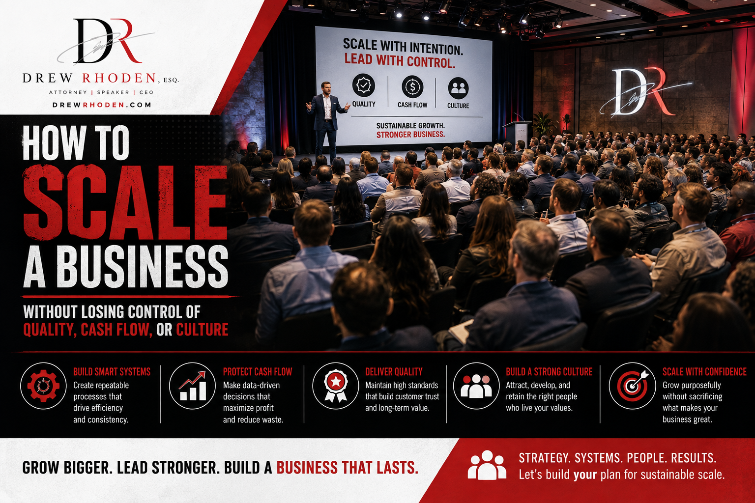 Business speaker presenting scaling strategy to a large audience