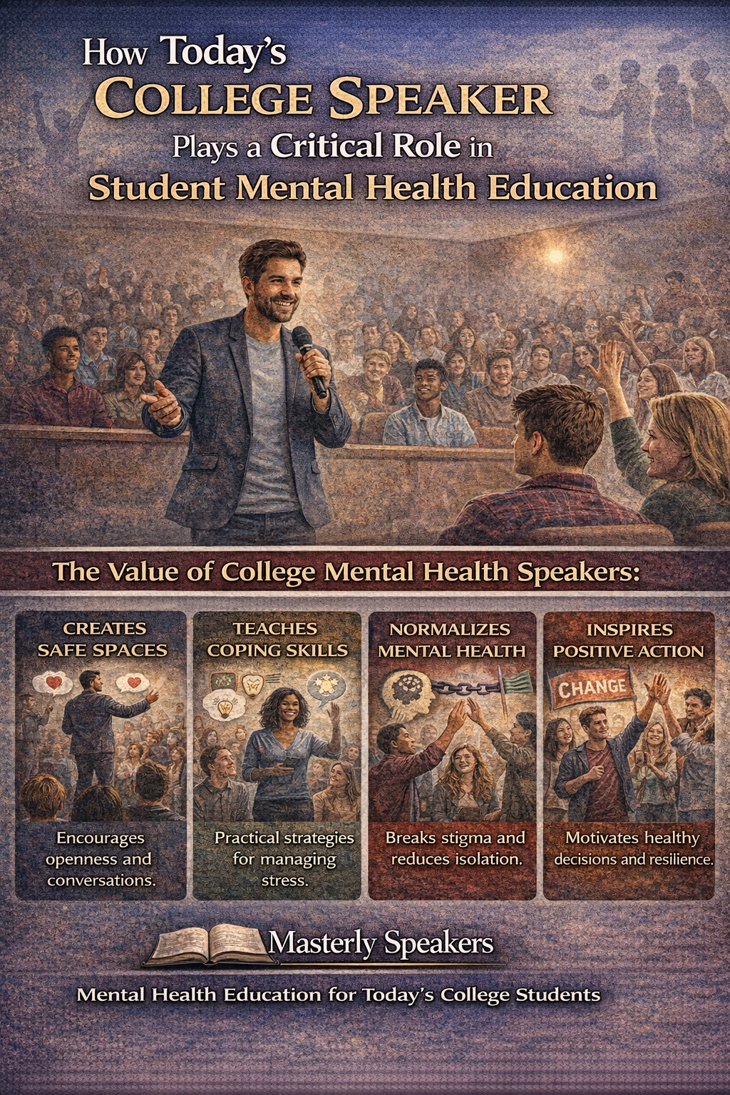 College keynote speaker addressing students in an auditorium, illustrating the role of motivational speakers in mental health education, creating safe spaces, teaching coping skills, and reducing stigma.