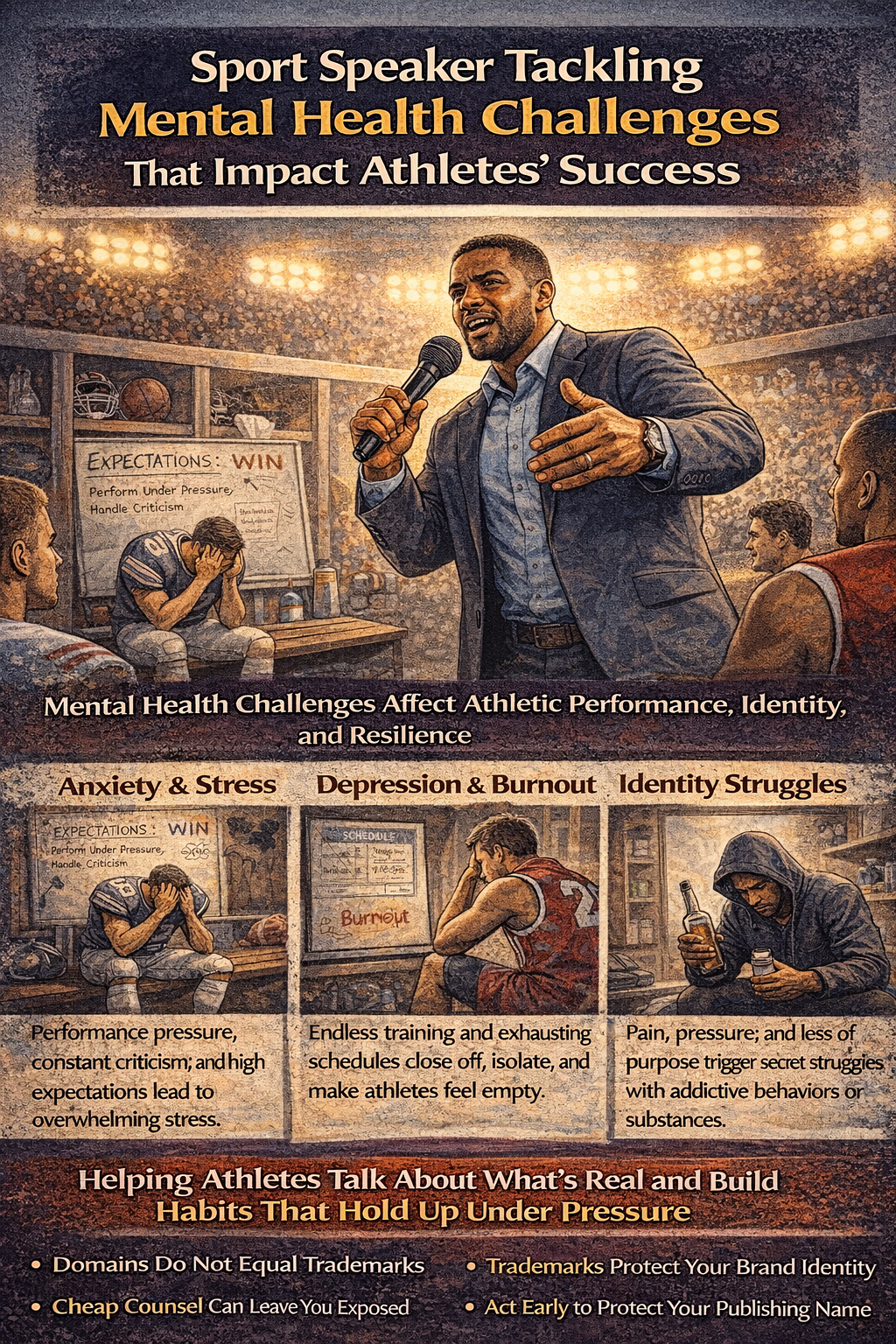 Sport Speaker Tackling Mental Health Challenges That Impact Athletes’ Success.” A speaker holds a microphone in a stadium setting while athletes listen, with one athlete sitting stressed on a bench under a board labeled “Expectations: Win.” Three panels highlight common struggles—anxiety and stress, depression and burnout, and identity struggles—showing athletes overwhelmed by pressure and isolation. The graphic emphasizes that mental health affects performance, resilience, and long-term success, encouraging open conversations and healthy habits under pressure.