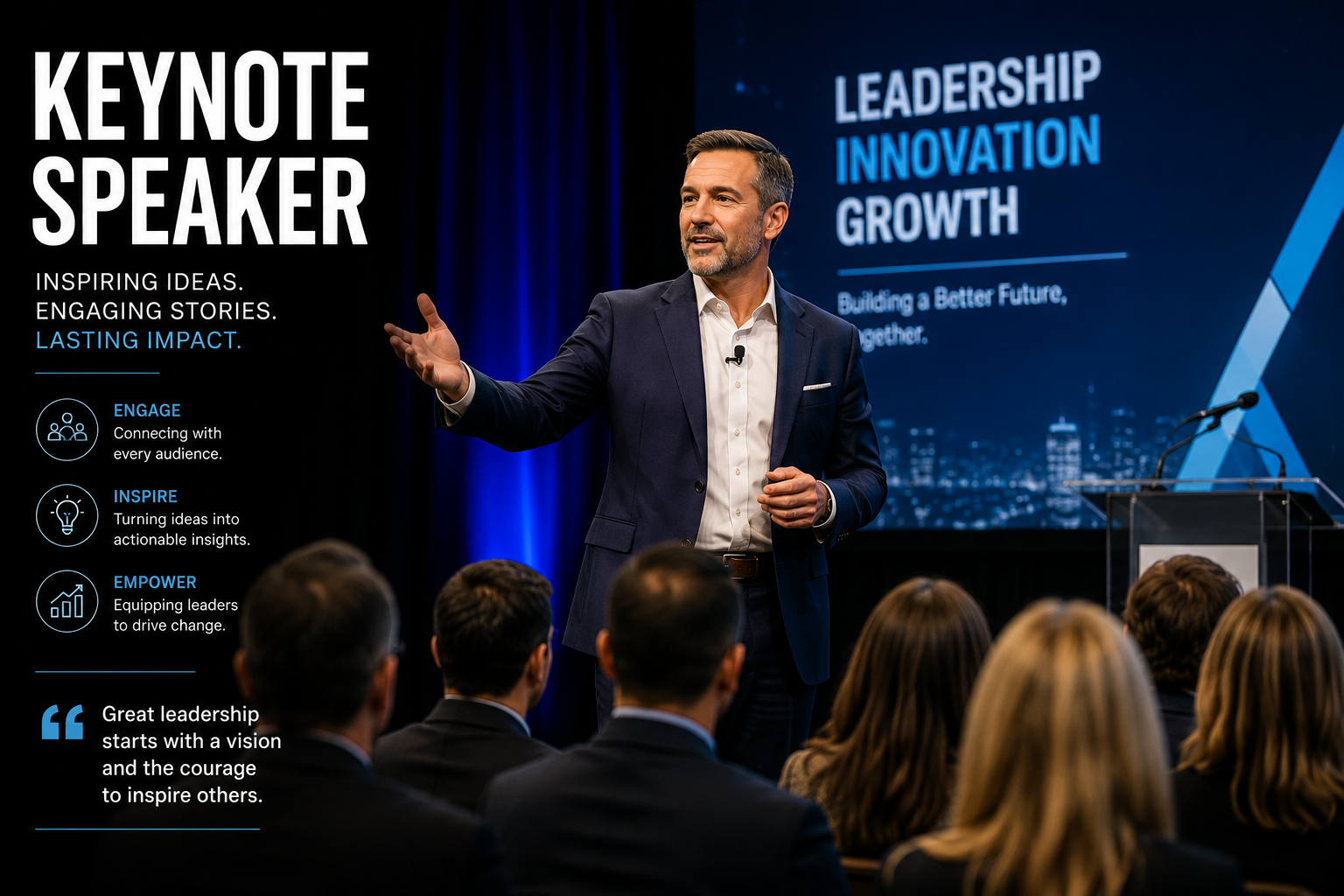 Branded Masterly business keynote speaker graphic featuring a professional speaker delivering leadership presentations to executive audiences at corporate conferences and business events.