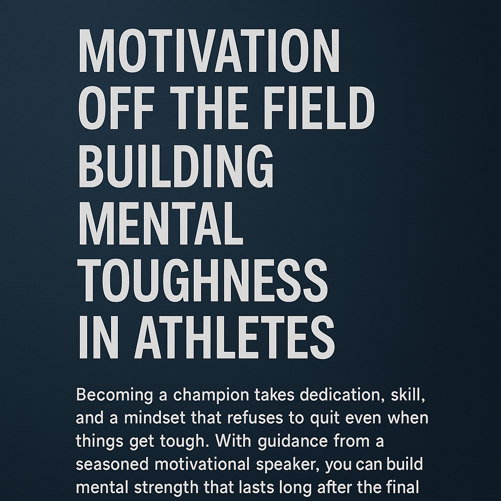 Motivational graphic with a dark blue gradient background. Large white text reads: “Motivation Off the Field: Building Mental Toughness in Athletes.” Below, smaller text describes how dedication and mindset create lasting mental strength with help from motivational speakers.
Ask ChatGPT