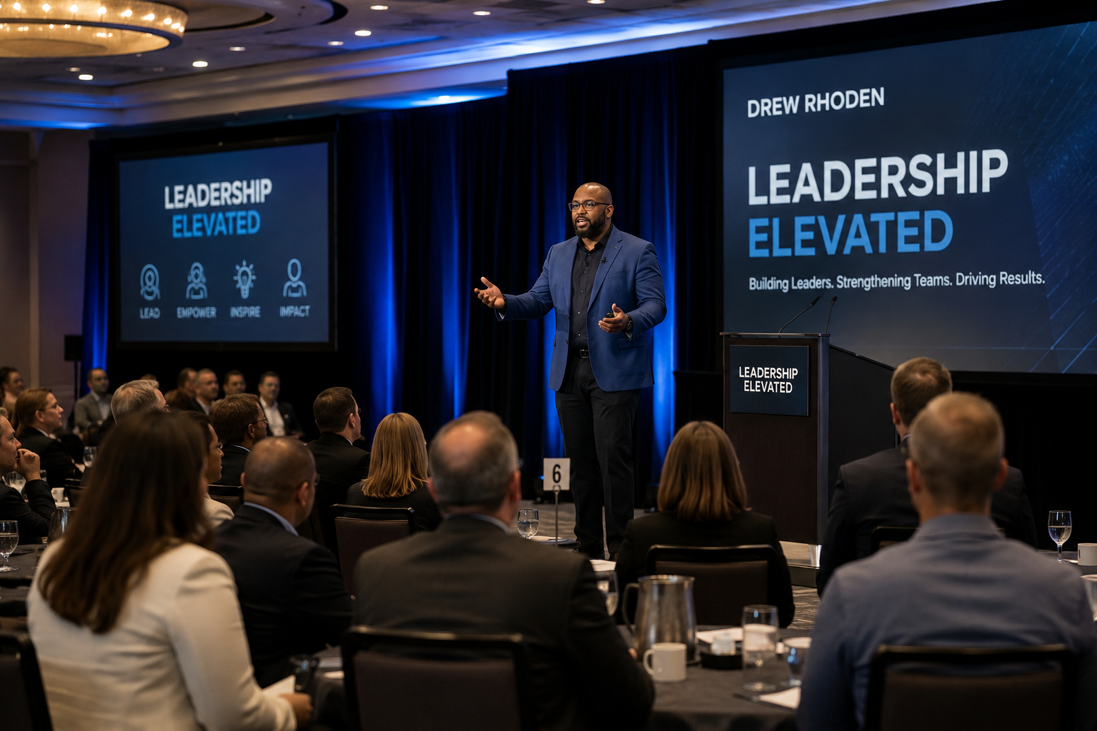 Drew Rhoden speaking about leadership and discipline at a business leadership conference.