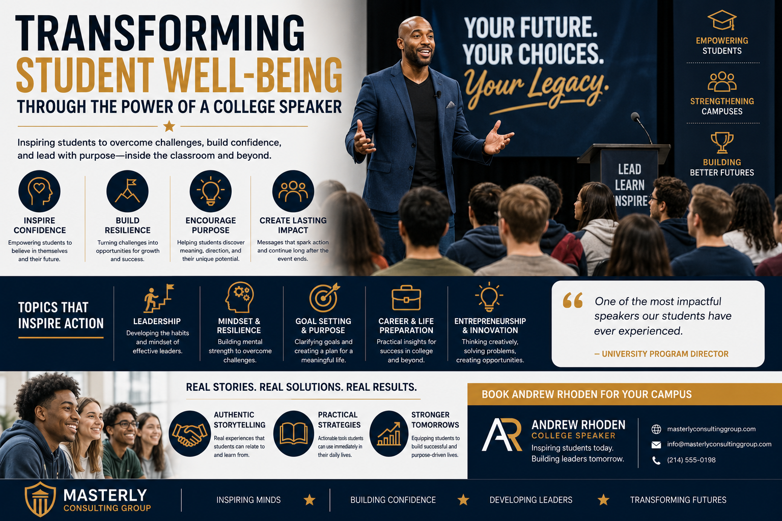 Professional college speaker infographic featuring Andrew Rhoden speaking to university students, with sections highlighting student well-being, leadership, resilience, purpose, entrepreneurship, and personal growth for impactful campus events.
