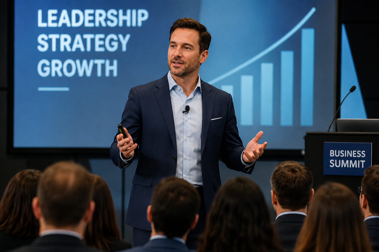 Professional business speaker delivering a leadership presentation to a corporate audience during a business conference.