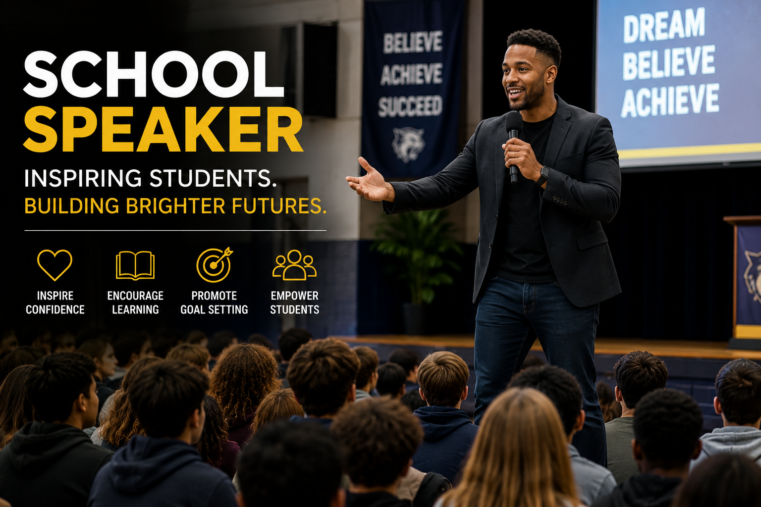 Professional school speaker delivering an inspiring presentation to students in a school auditorium, encouraging leadership, confidence, and academic success.