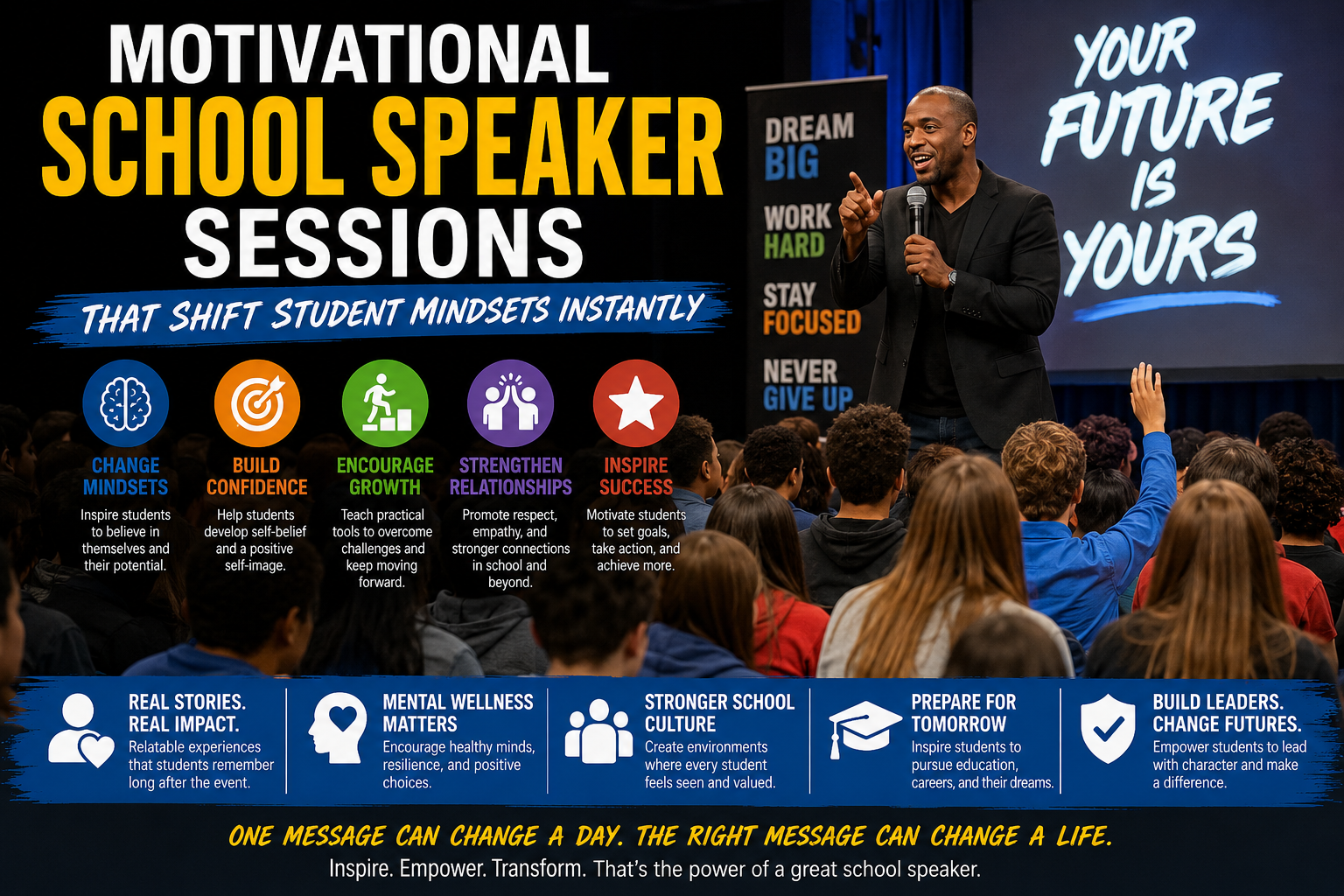 Motivational School Speaker Sessions That Shift Student Mindsets Instantly” alongside an engaging speaker on stage inspiring students about leadership, confidence, academic success, mental wellness, and personal growth. Colorful icons highlight key themes including changing mindsets, building confidence, encouraging growth, strengthening relationships, and inspiring success. Additional sections emphasize stronger school culture, future readiness, leadership development, anti-bullying awareness, and positive student outcomes. The image promotes the power of youth motivational speaking to help students develop resilience, self-belief, responsibility, and a growth mindset.