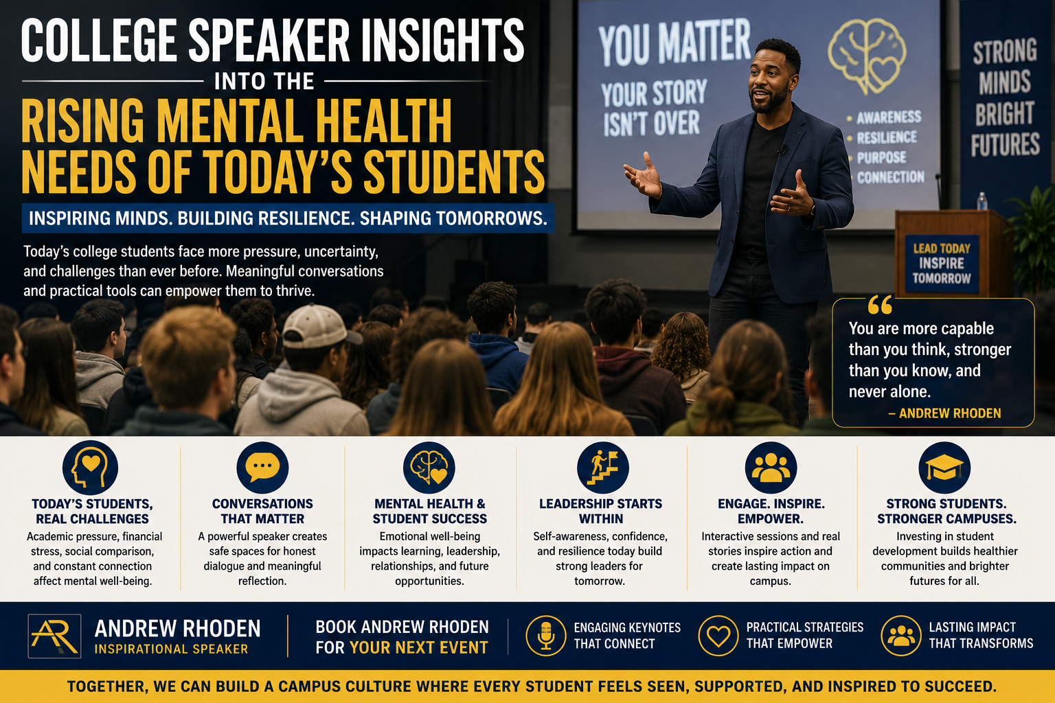 College keynote speaker presenting to university students about mental health, resilience, and personal growth during a campus event, encouraging meaningful conversations and student well-being.
