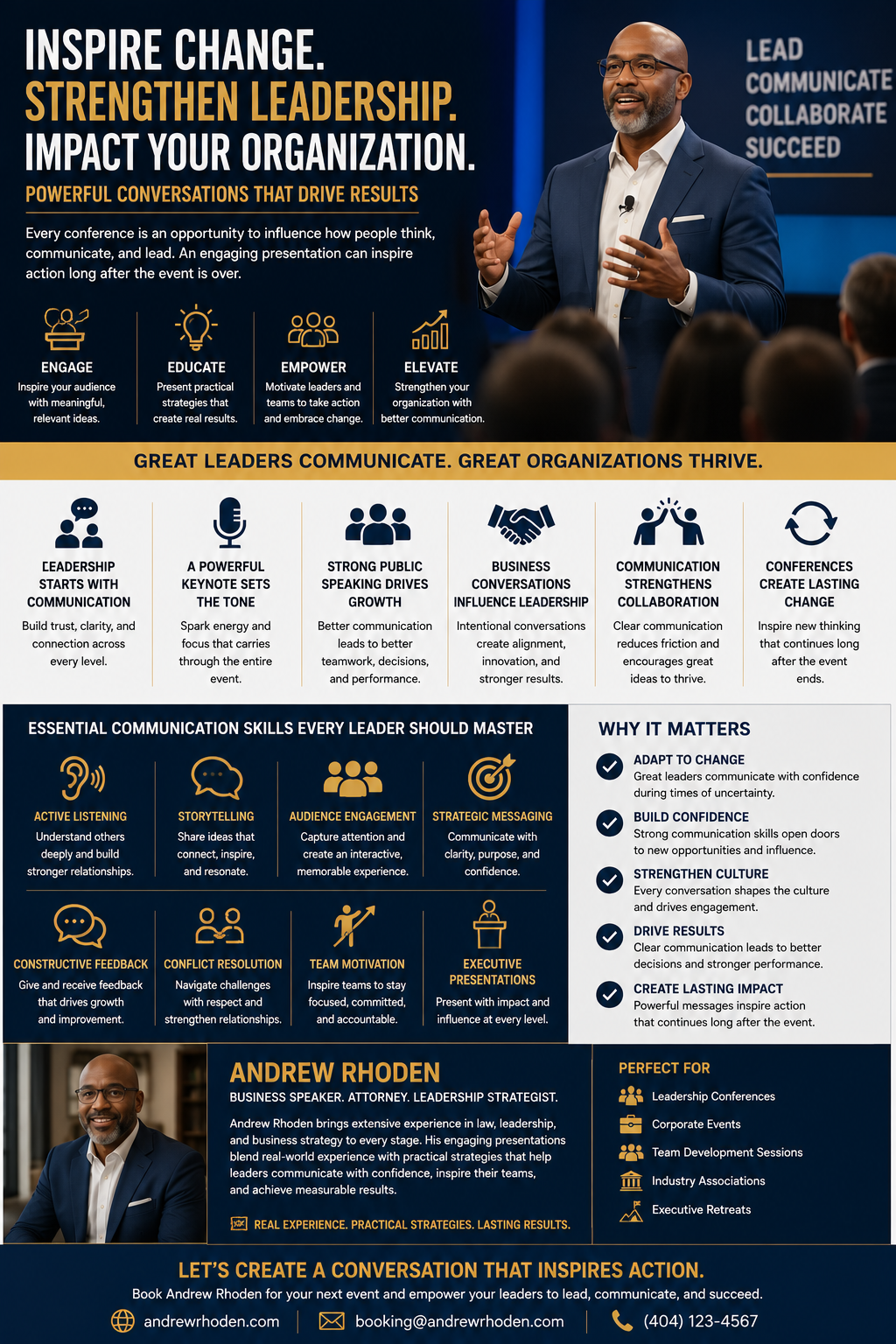 Professional business keynote speaker delivering an engaging leadership presentation at a corporate conference, highlighting effective communication, public speaking, team collaboration, organizational growth, and executive leadership development with Andrew Rhoden.